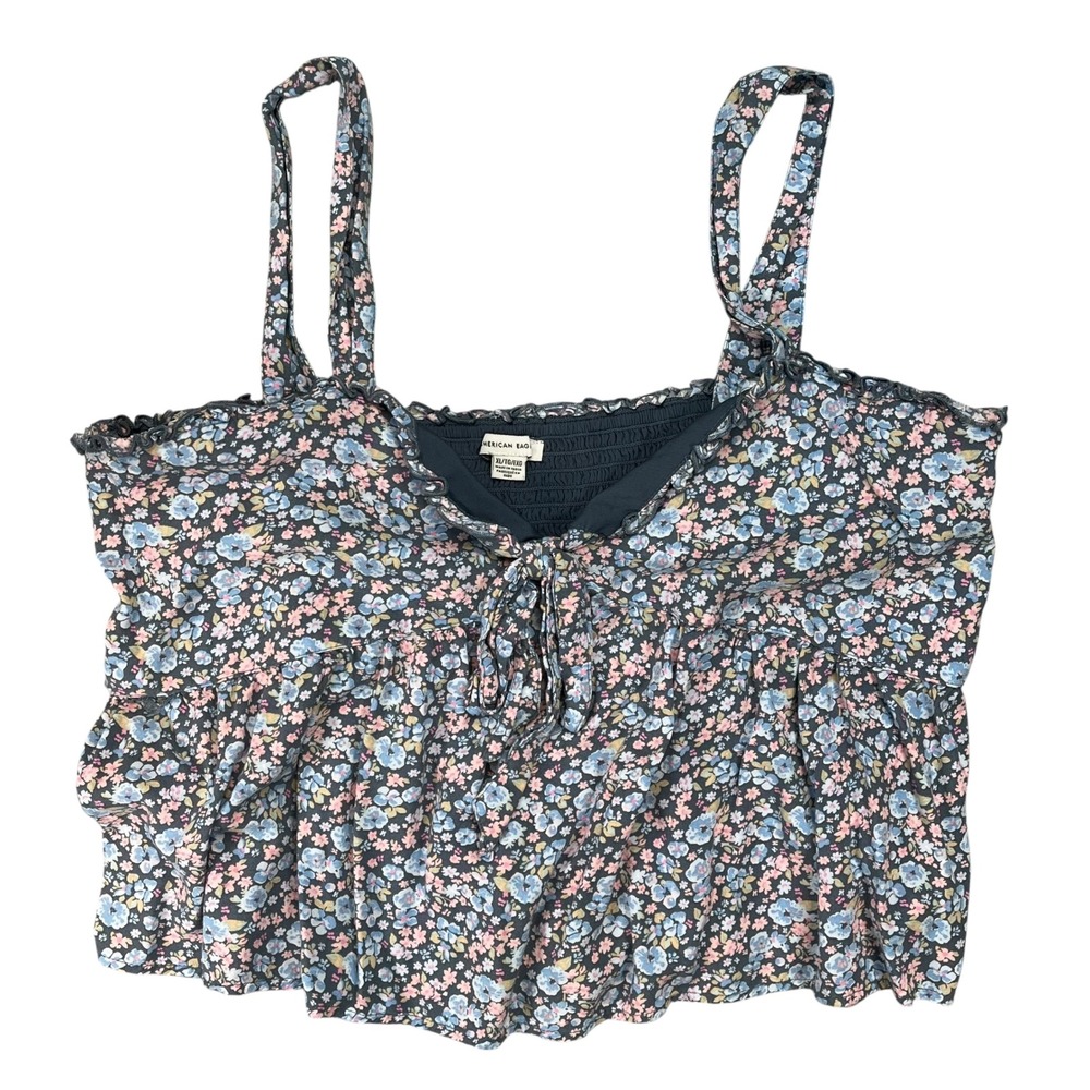 American Eagle Floral Babydoll Camisole Top Navy Blue XL Smocked Back Adjustable